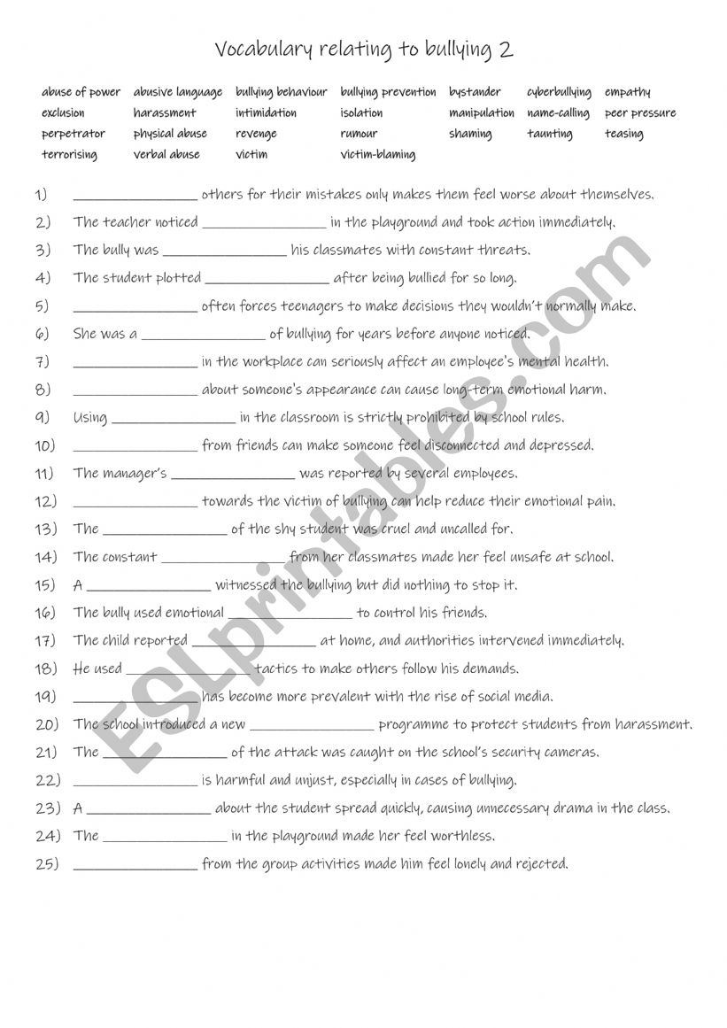 B1+-C1 Vocabulary relating to bullying 2