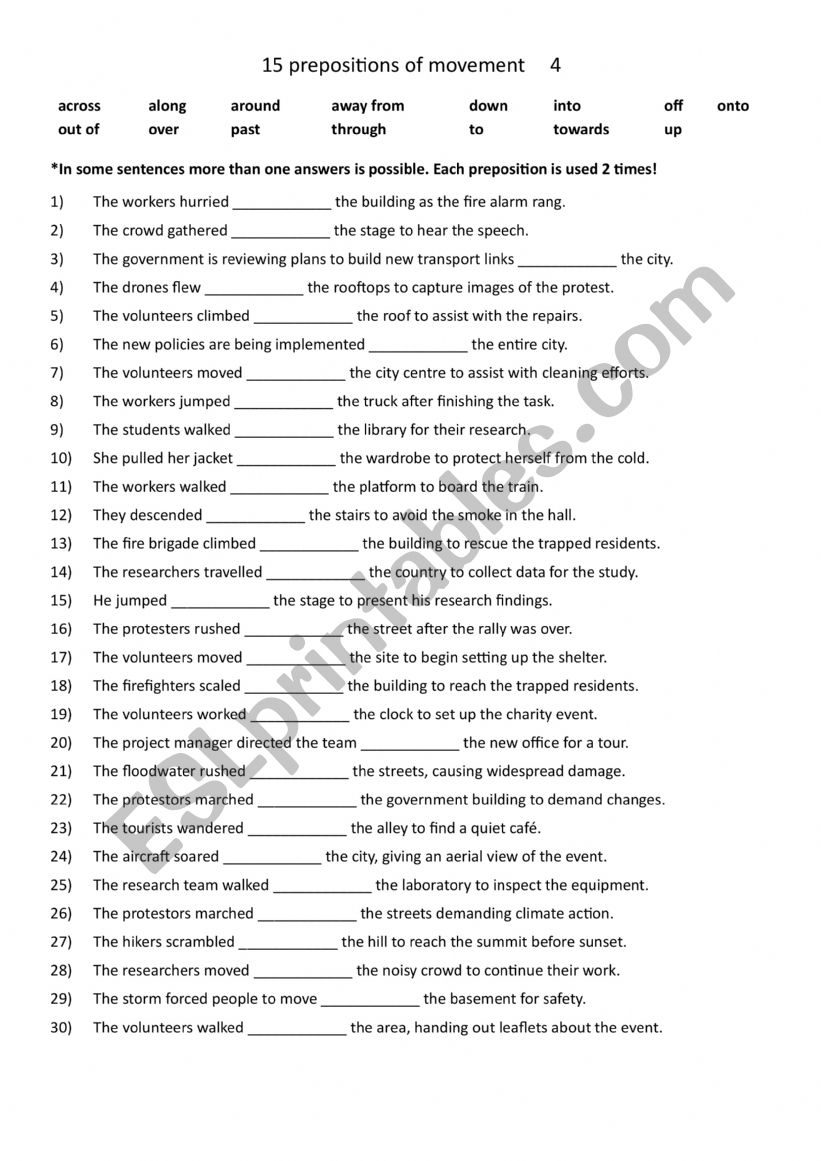 15 prepositions of movement 4 worksheet