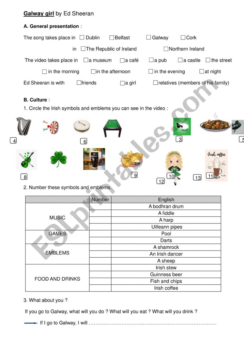 Galway girl by Ed Sheeran worksheet