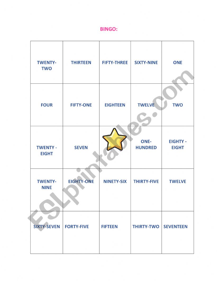 Bingo card worksheet