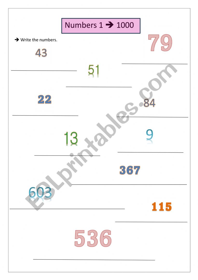 Numbers 1-1000 worksheet