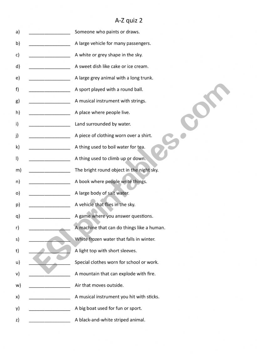 A-Z quiz 2 worksheet