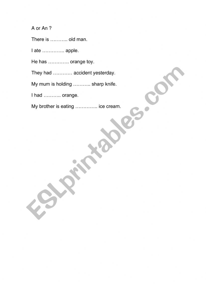 Articles A or An worksheet