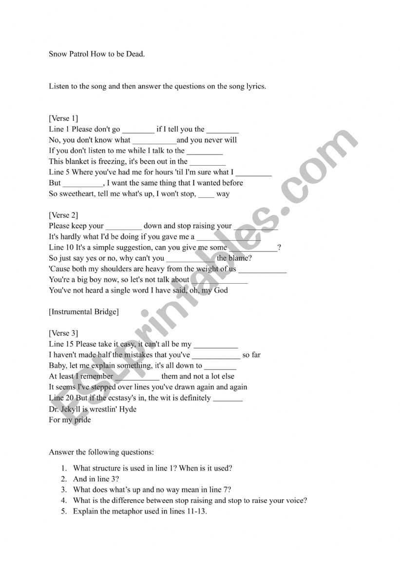 Song Snow Patrol worksheet