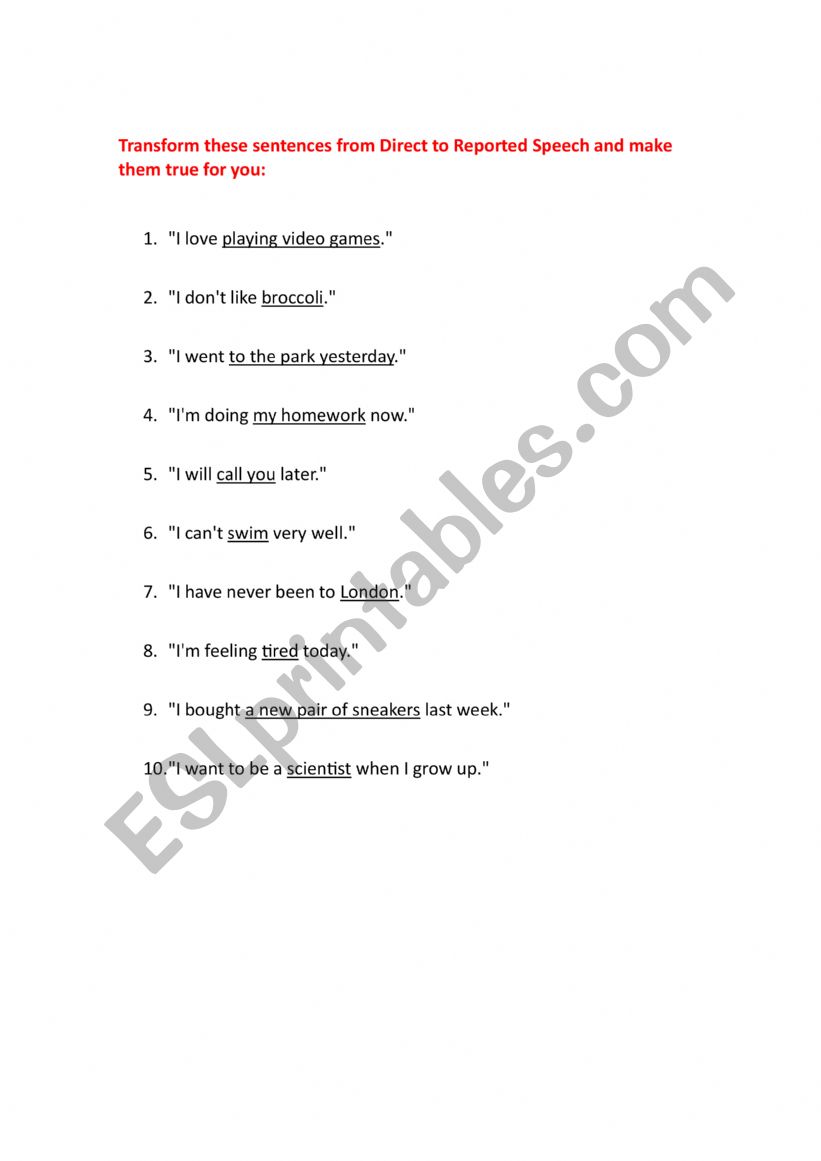DIRECT TO REPORTED SPEECH worksheet