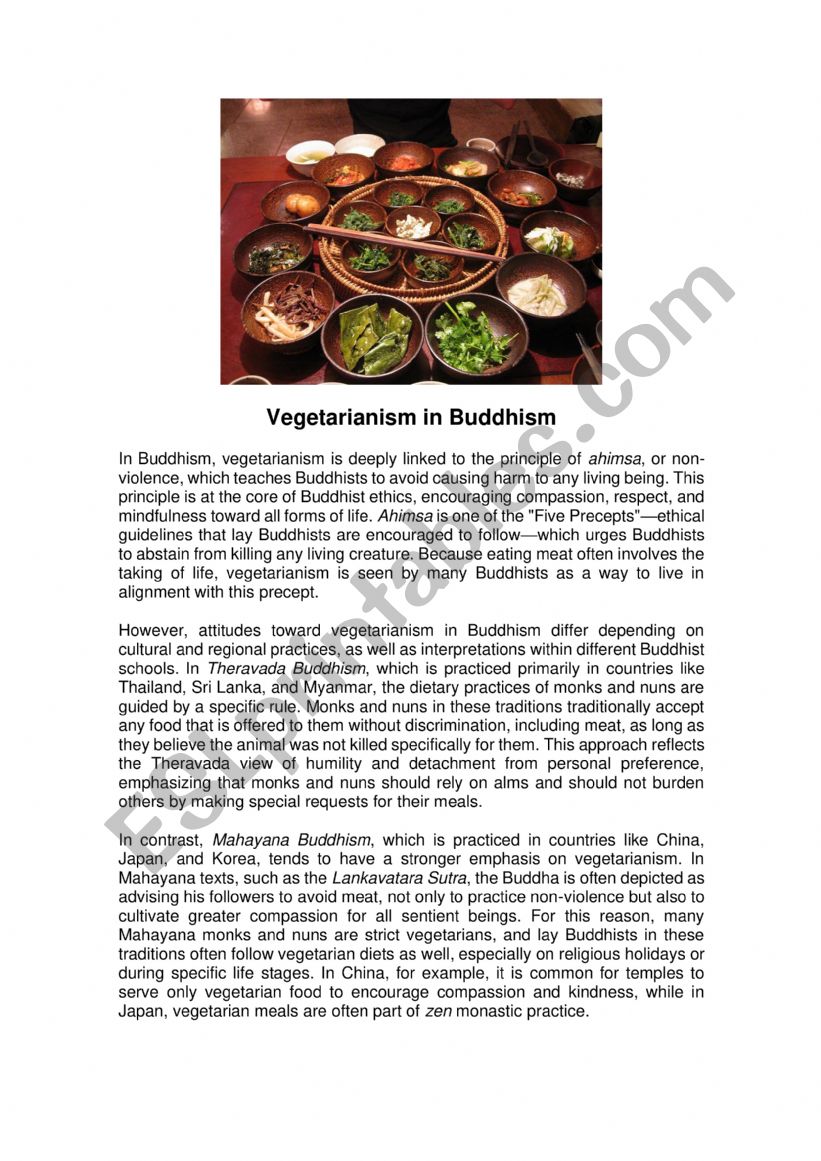 Vegetarianism in Buddhism worksheet
