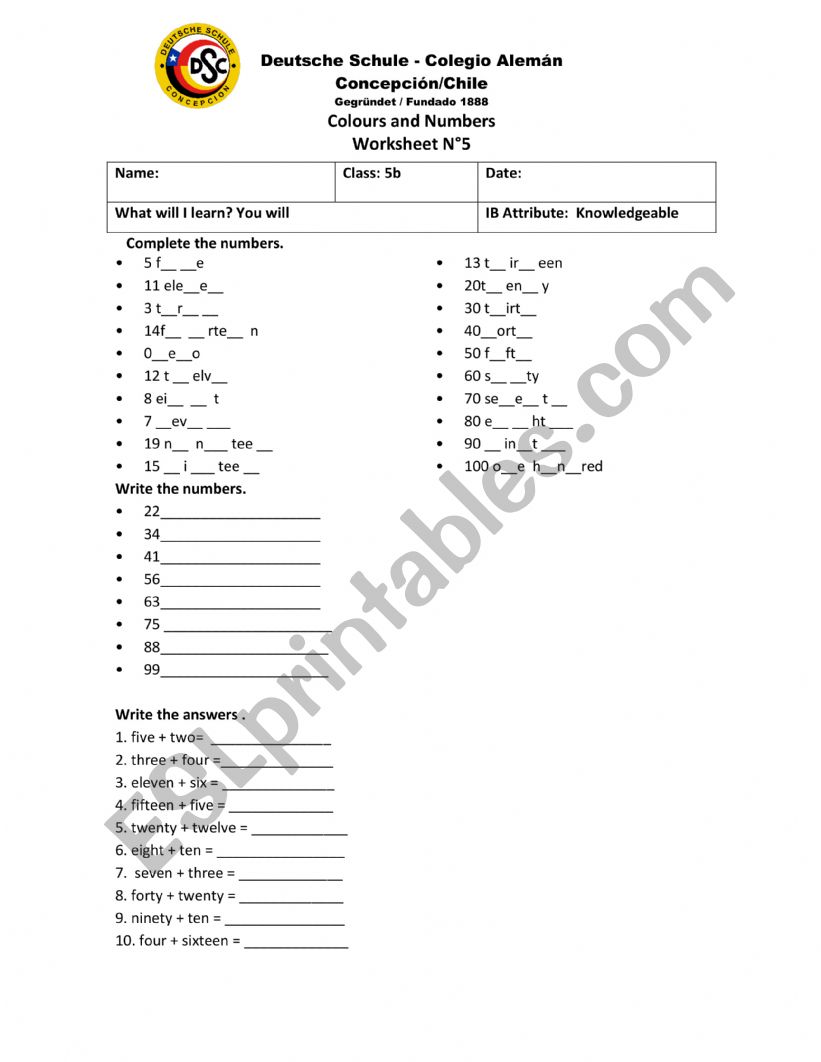colours, alphabet and numbers worksheet