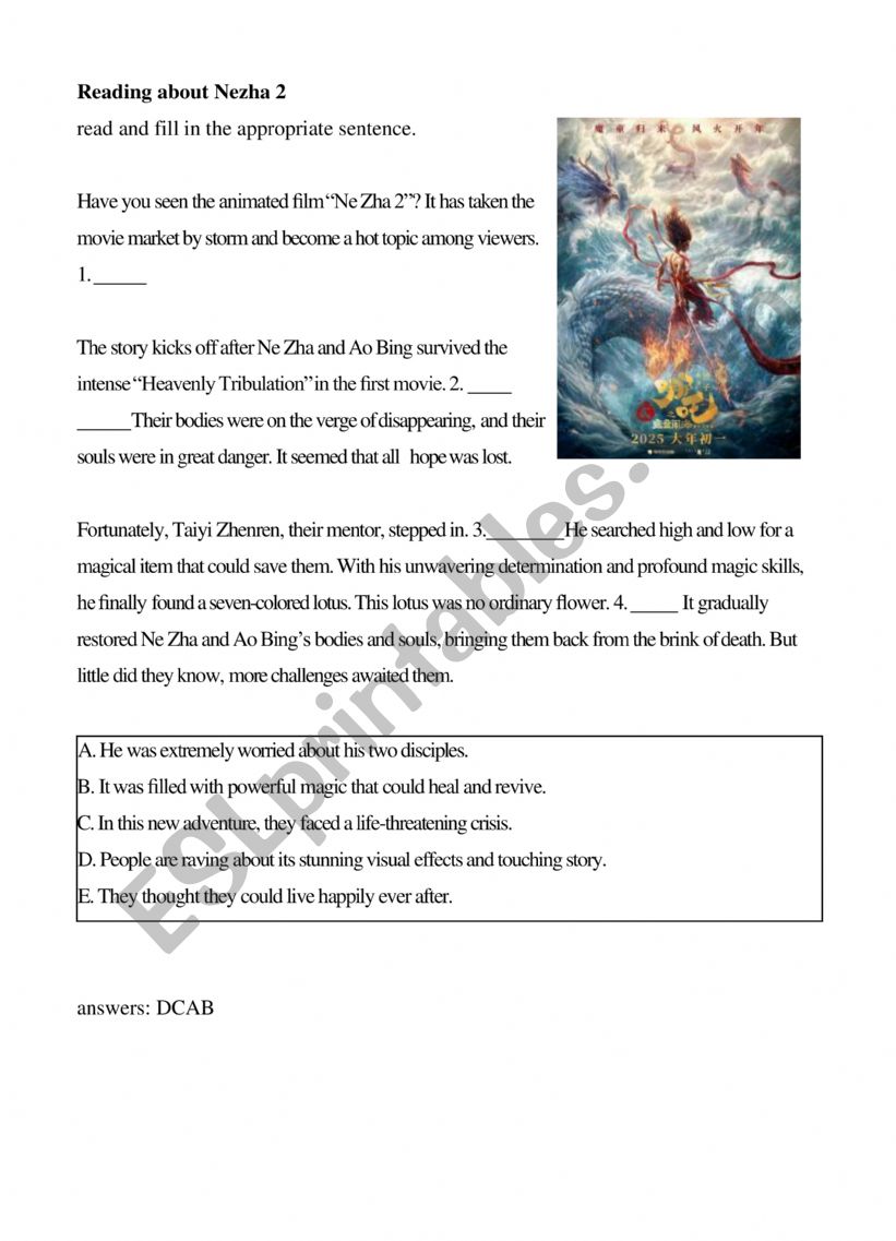 reading about Nezha2 worksheet