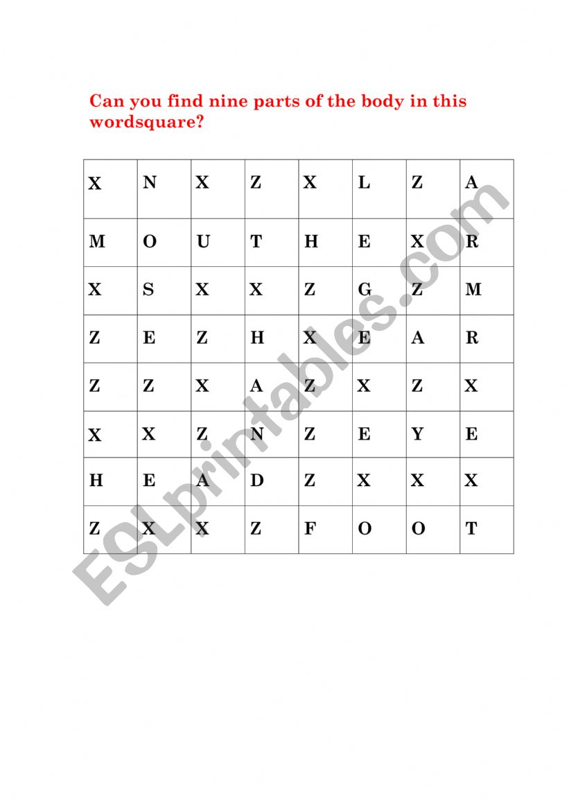 Find body parts worksheet