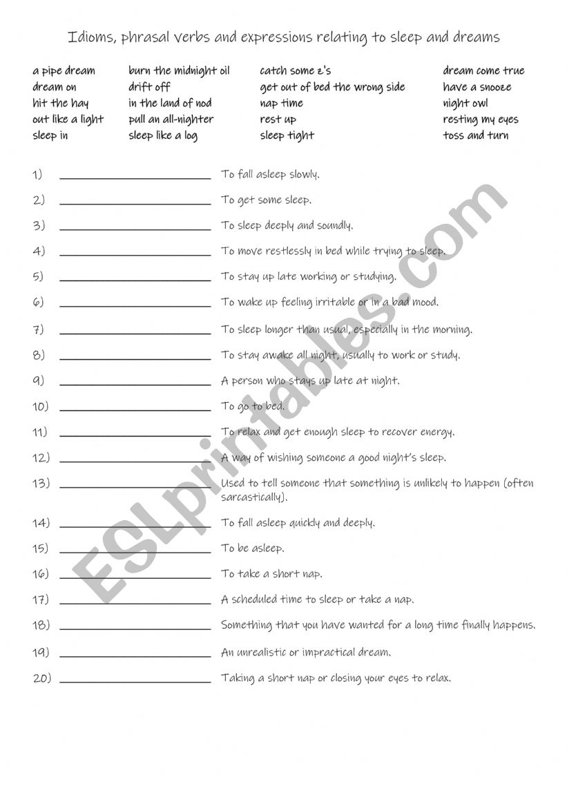 B2-C1 Idioms, phrasal verbs and expressions relating to sleep and dreams