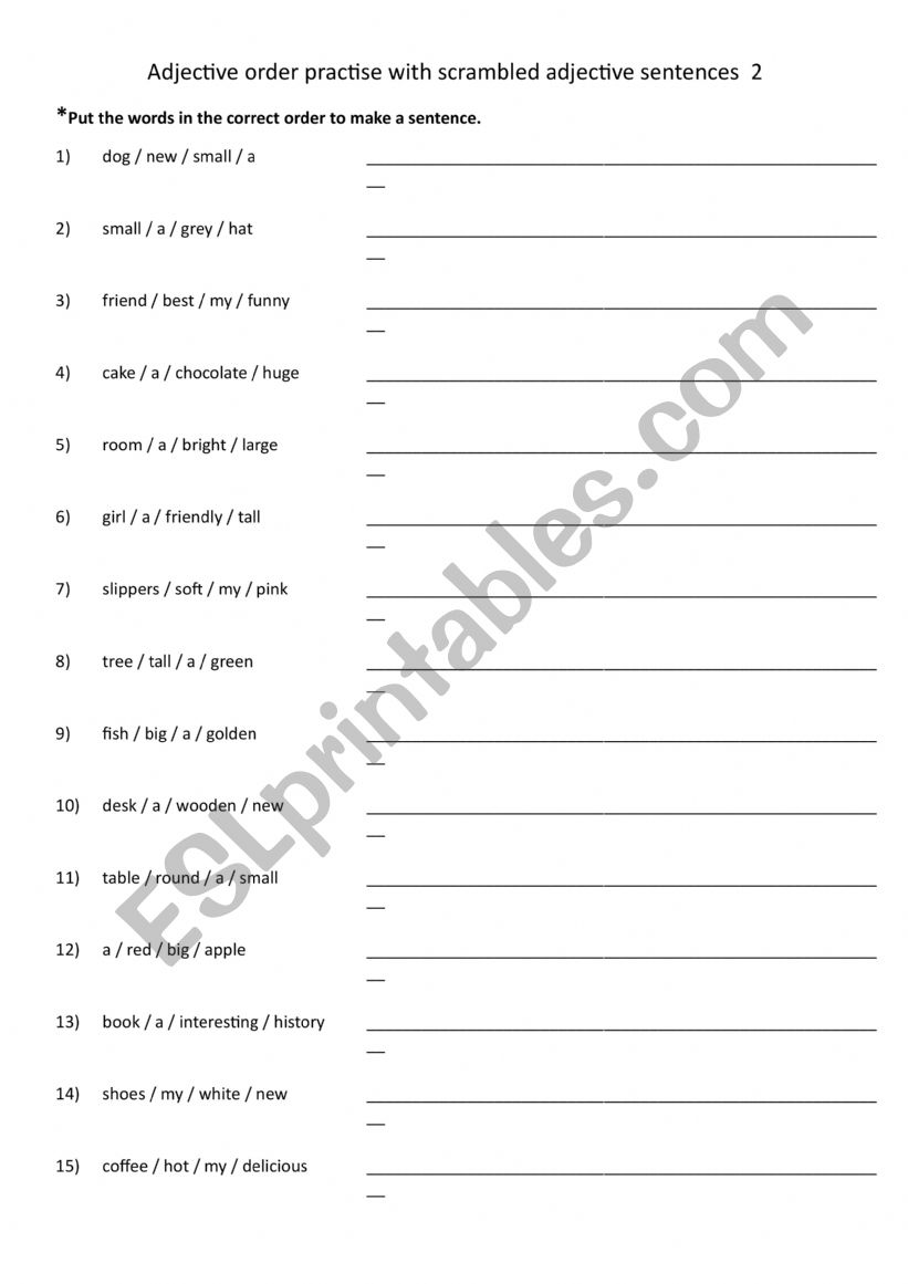 Adjective order practise with scrambled adjective sentences 2