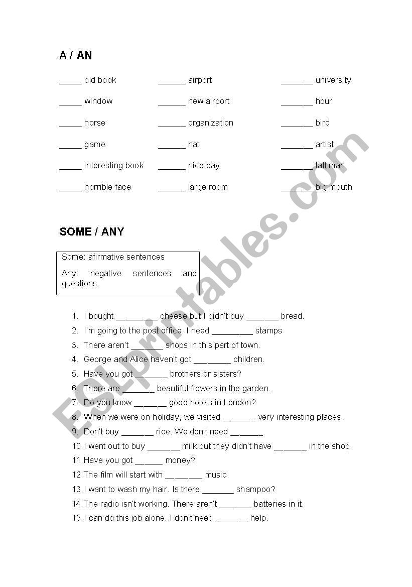 a/an, some, any worksheet