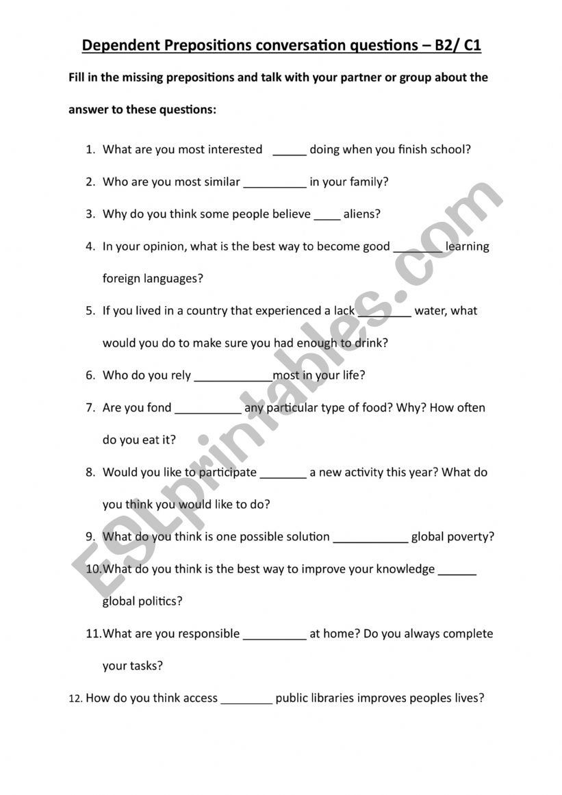 B2 C1 Dependent Prepositions Conversation Questions 