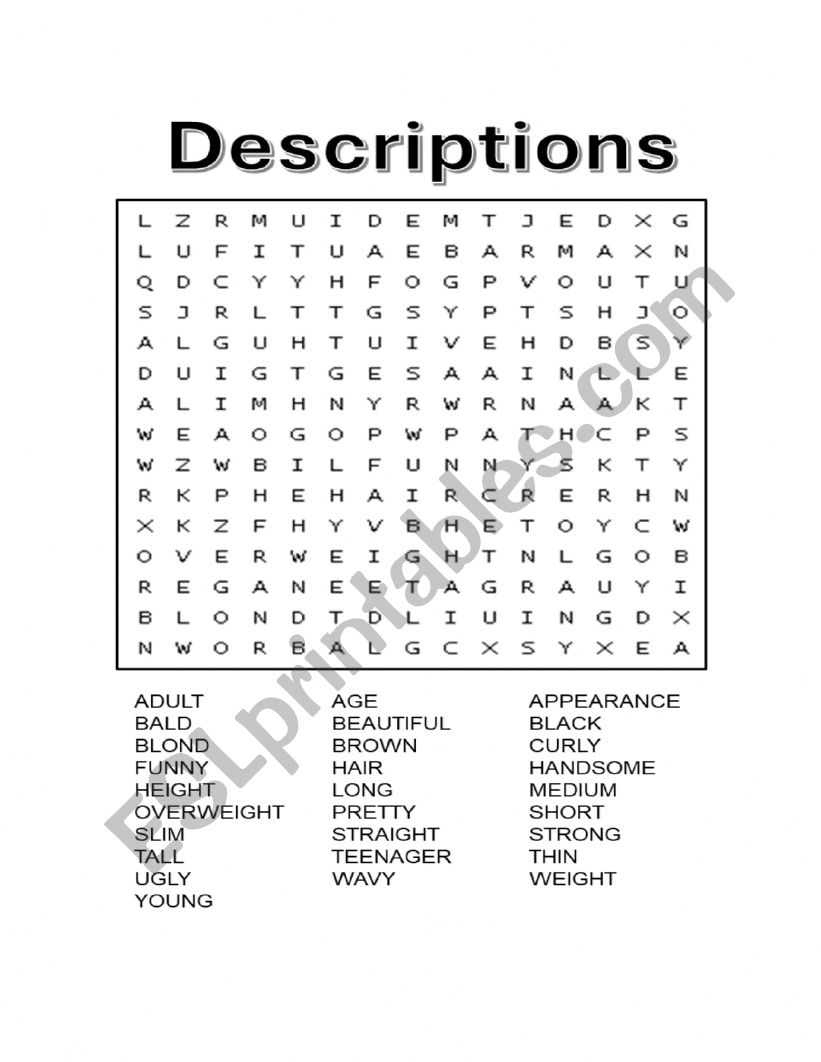DESCRIPTIONS WORDSEARCH worksheet