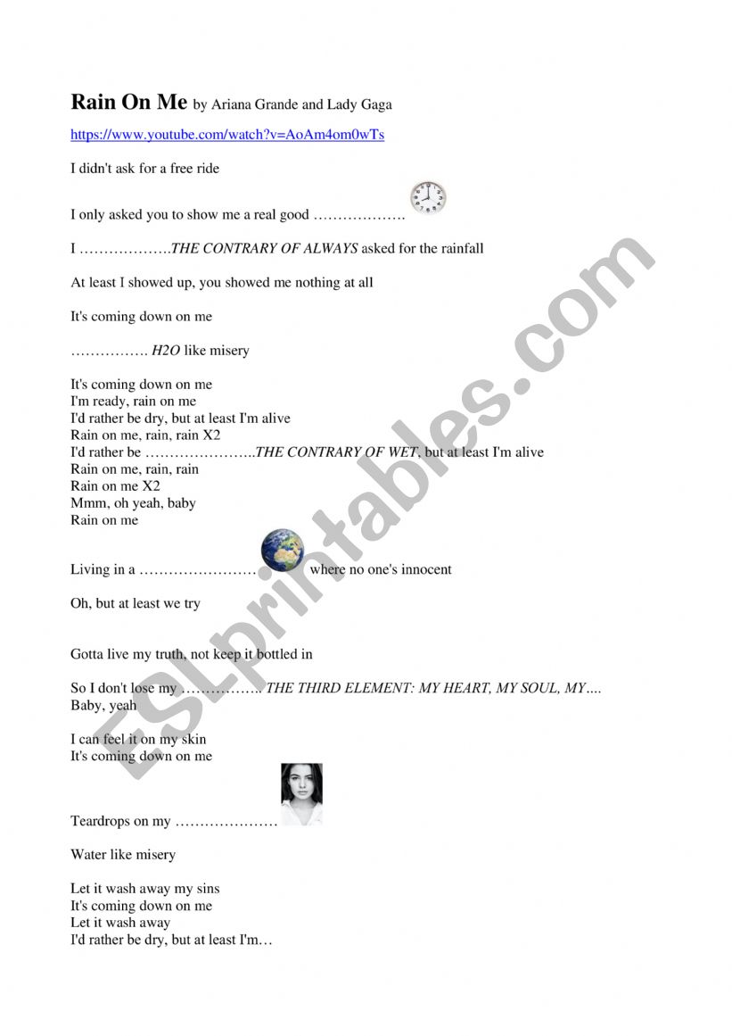 Rain on me - Ariana Grande worksheet