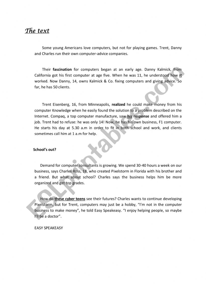 teenagers use of computers worksheet