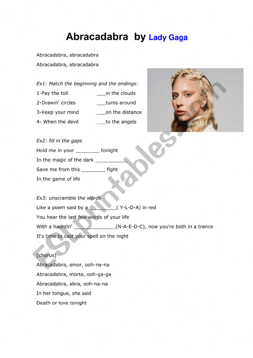 Abracadabra by Lady Gaga worksheet
