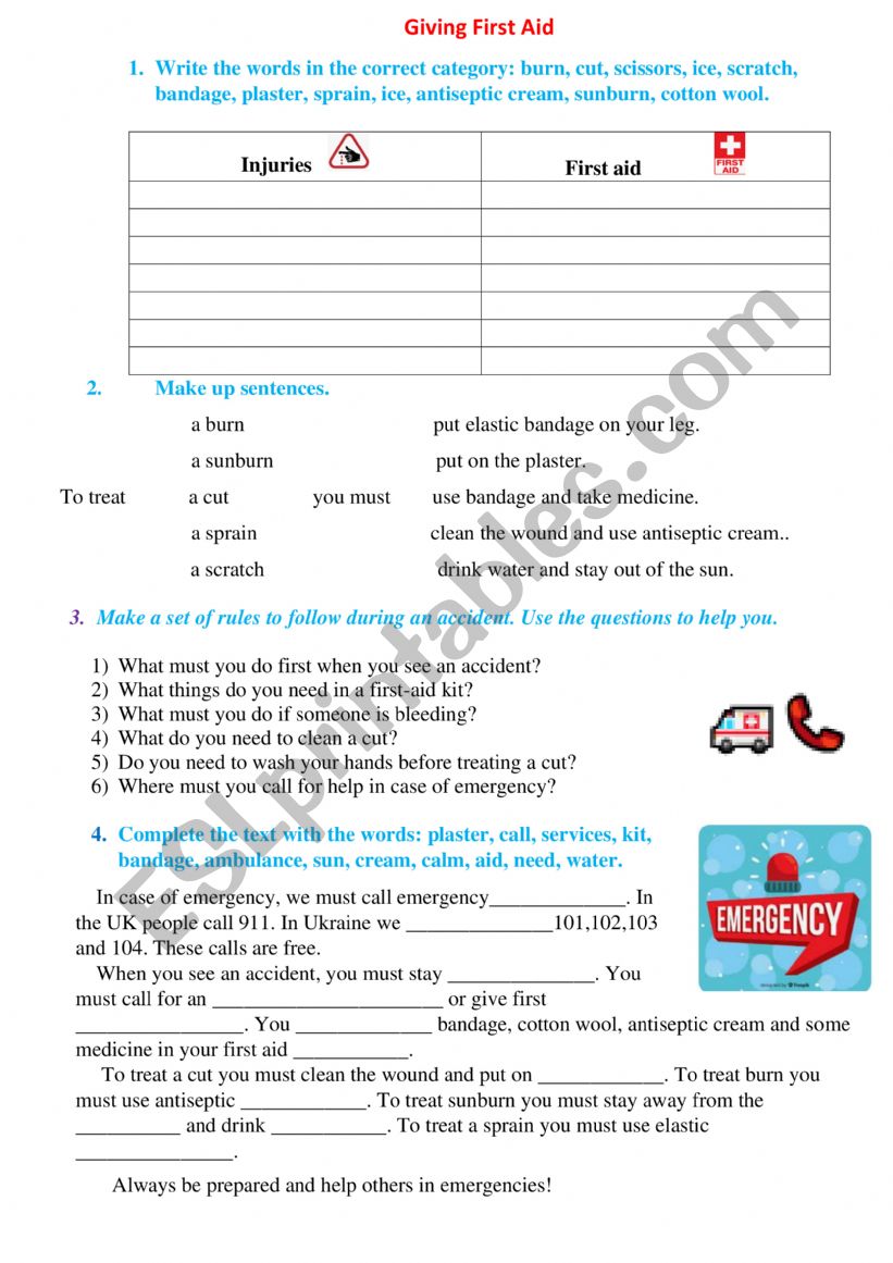 First aid worksheet