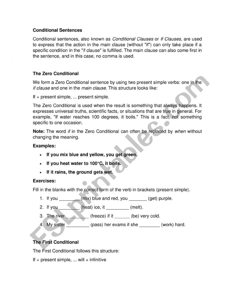 Conditionals (0, 1 & 2) worksheet