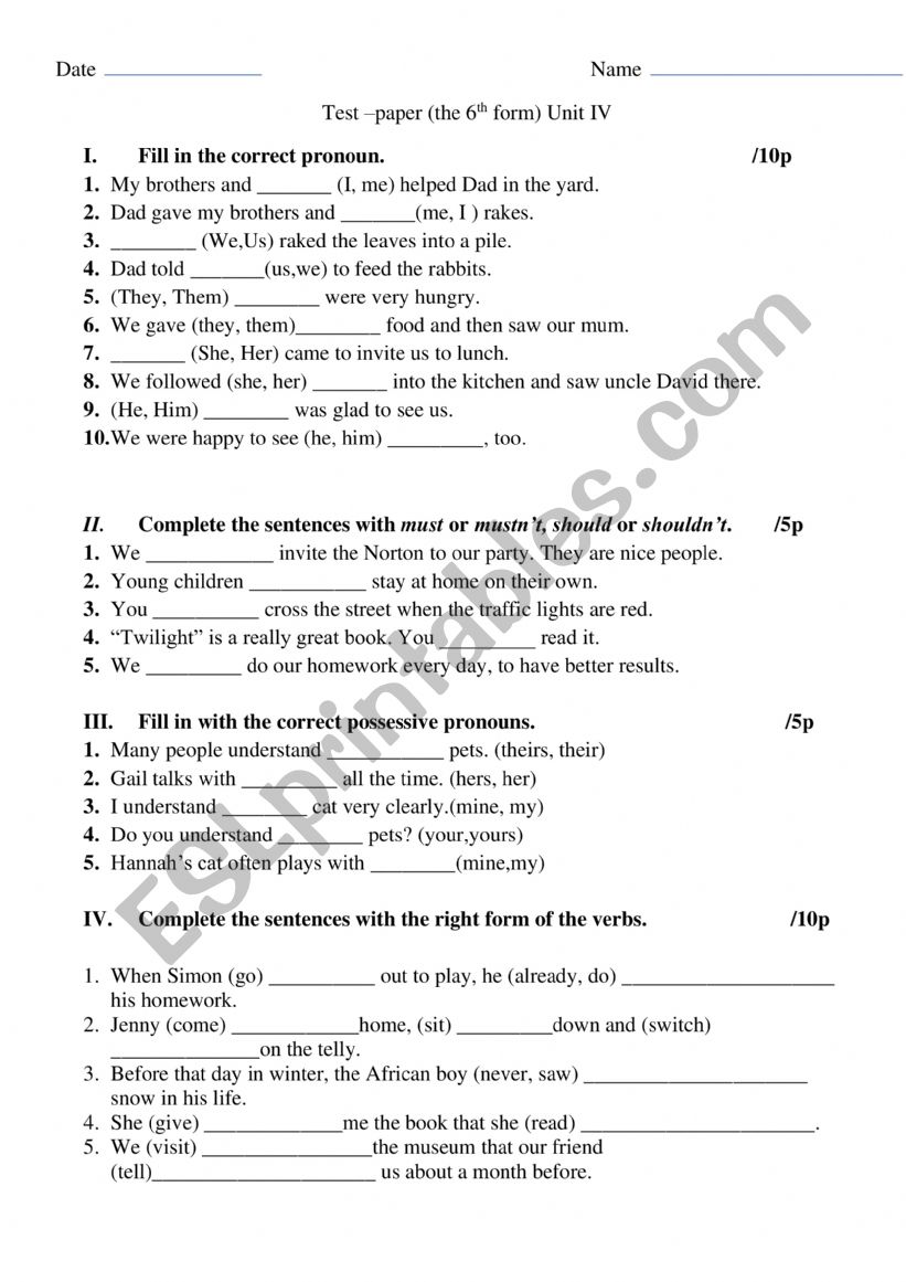 test worksheet