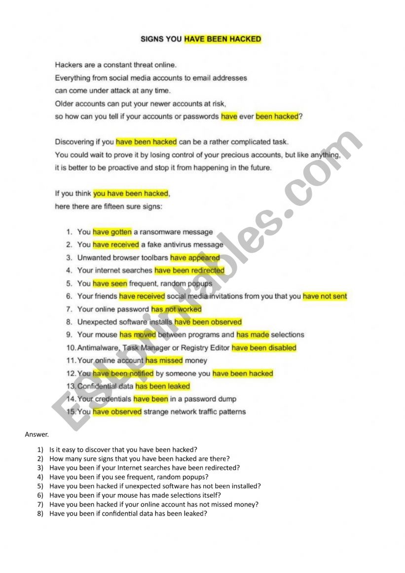 Present perfect worksheet