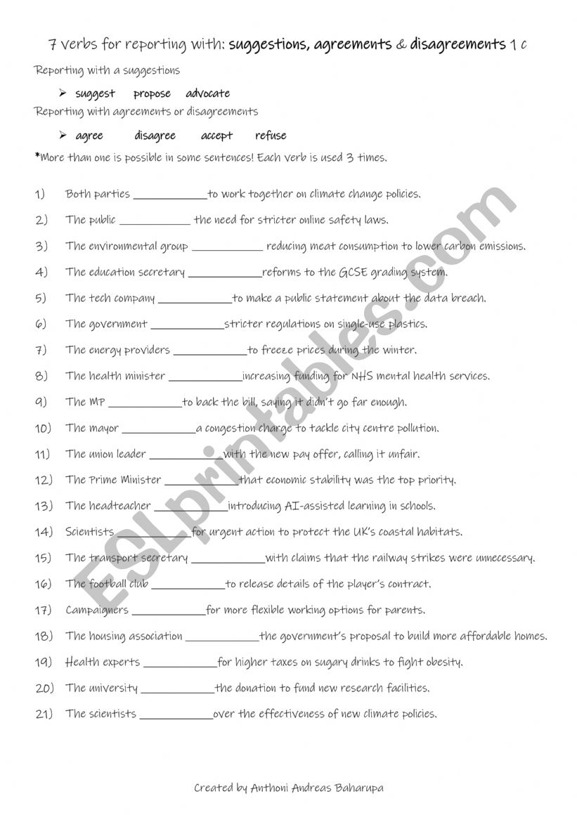 7 verbs for reporting with suggestions, agreements & disagreements 1 c