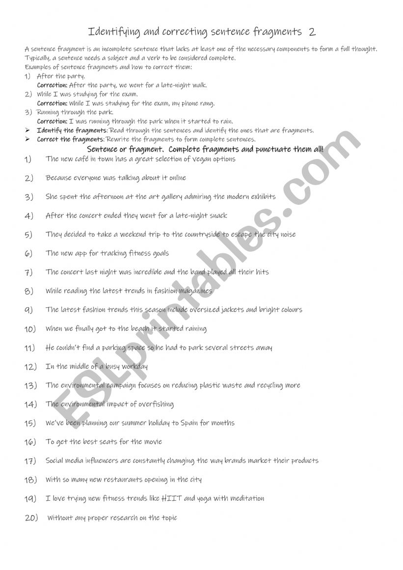 Identifying and correcting sentence fragments 2