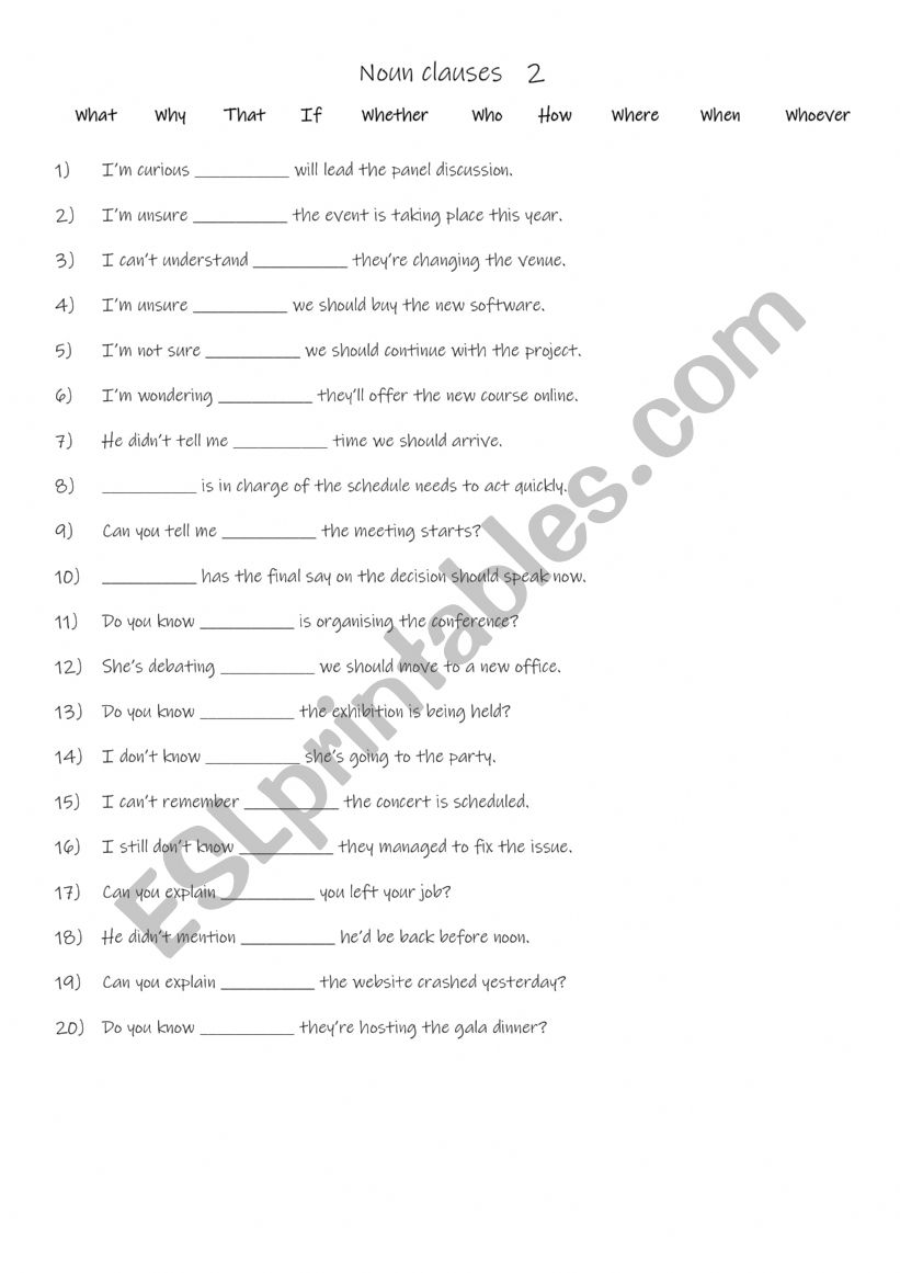Noun clauses  2 worksheet
