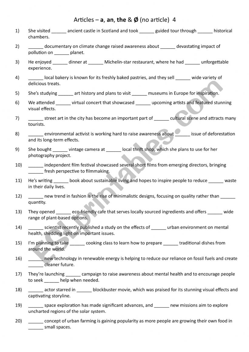 Articles â€“ a, an, the & Ã˜ (no article) 4 - ESL worksheet by ITFC2025