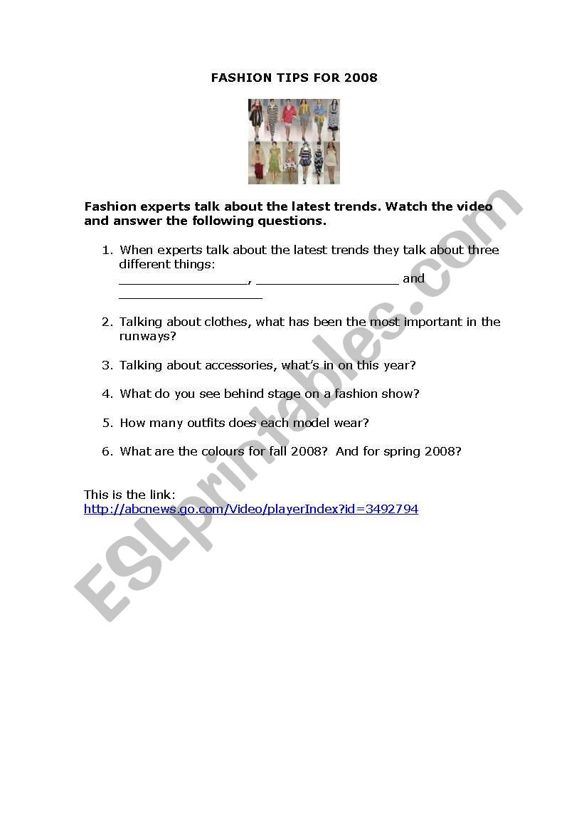 VIDEO WORKSHEET: FASHION TIPS FOR 2008