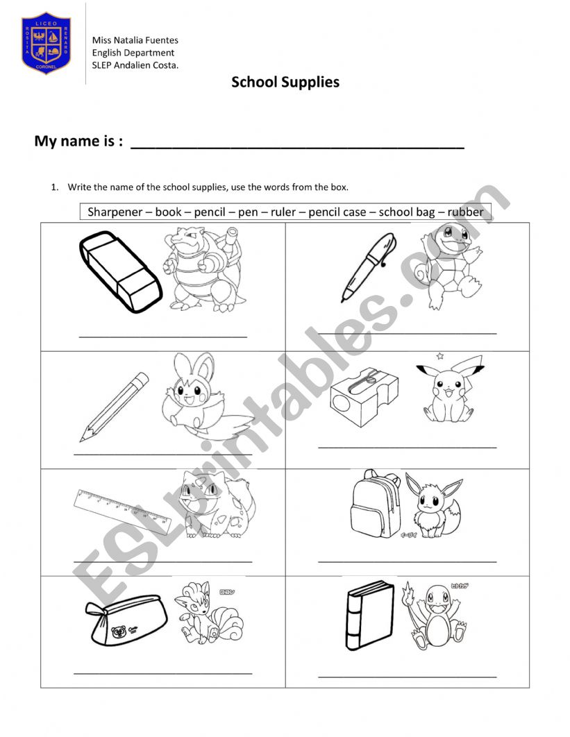 Pokemon supplies worksheet