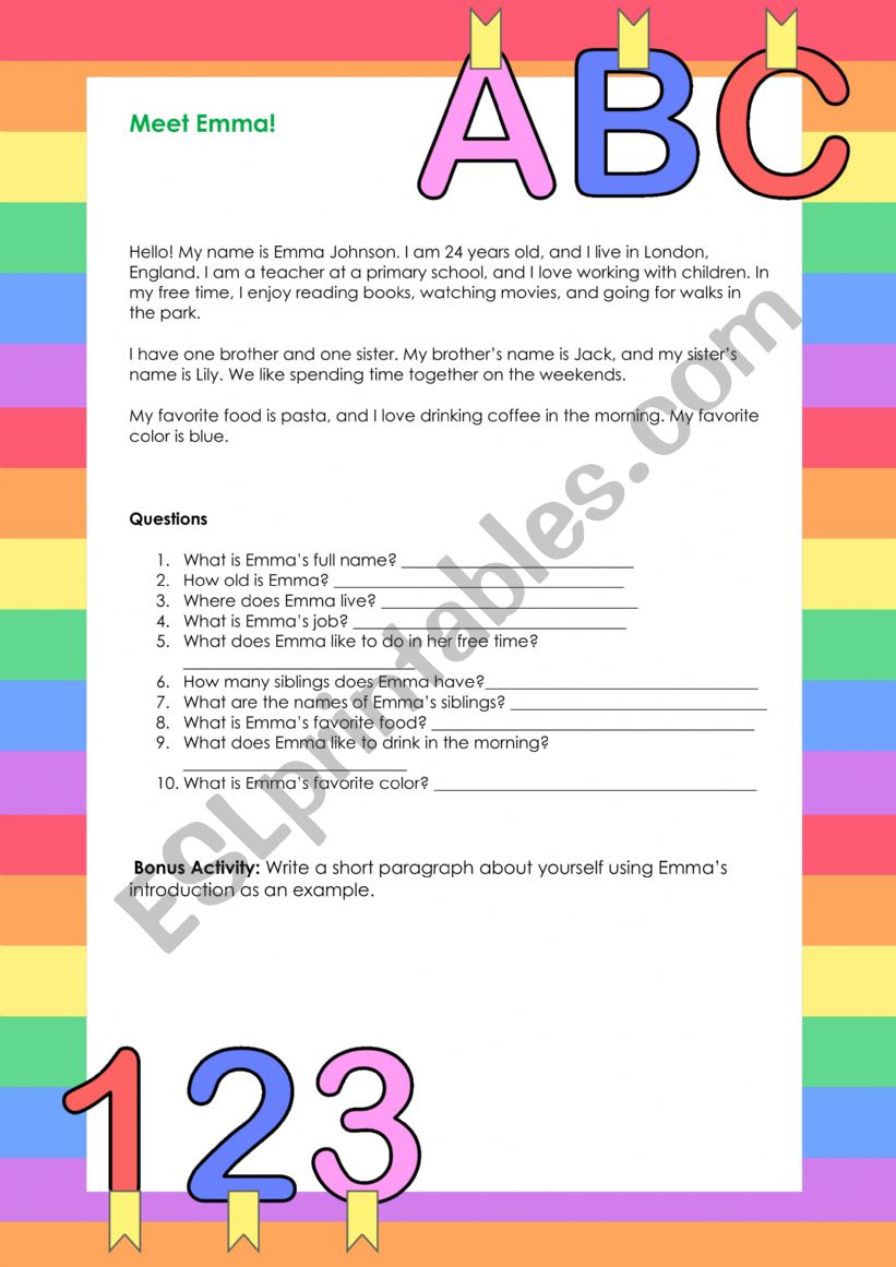 MEET EMMA worksheet