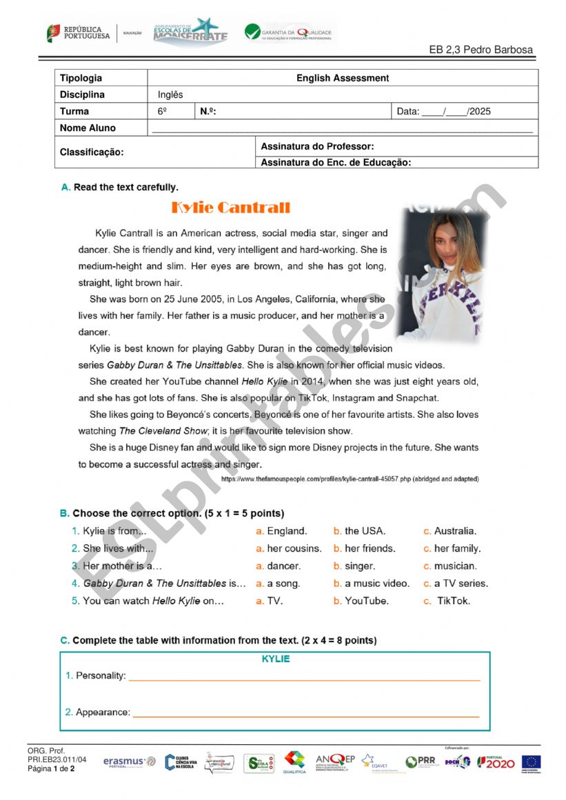 Diagnostic test worksheet