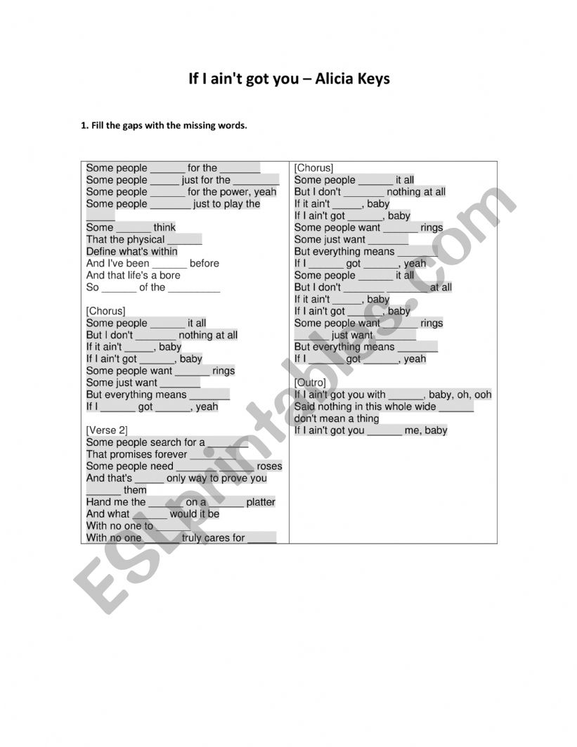 If I Ain�t Got You worksheet