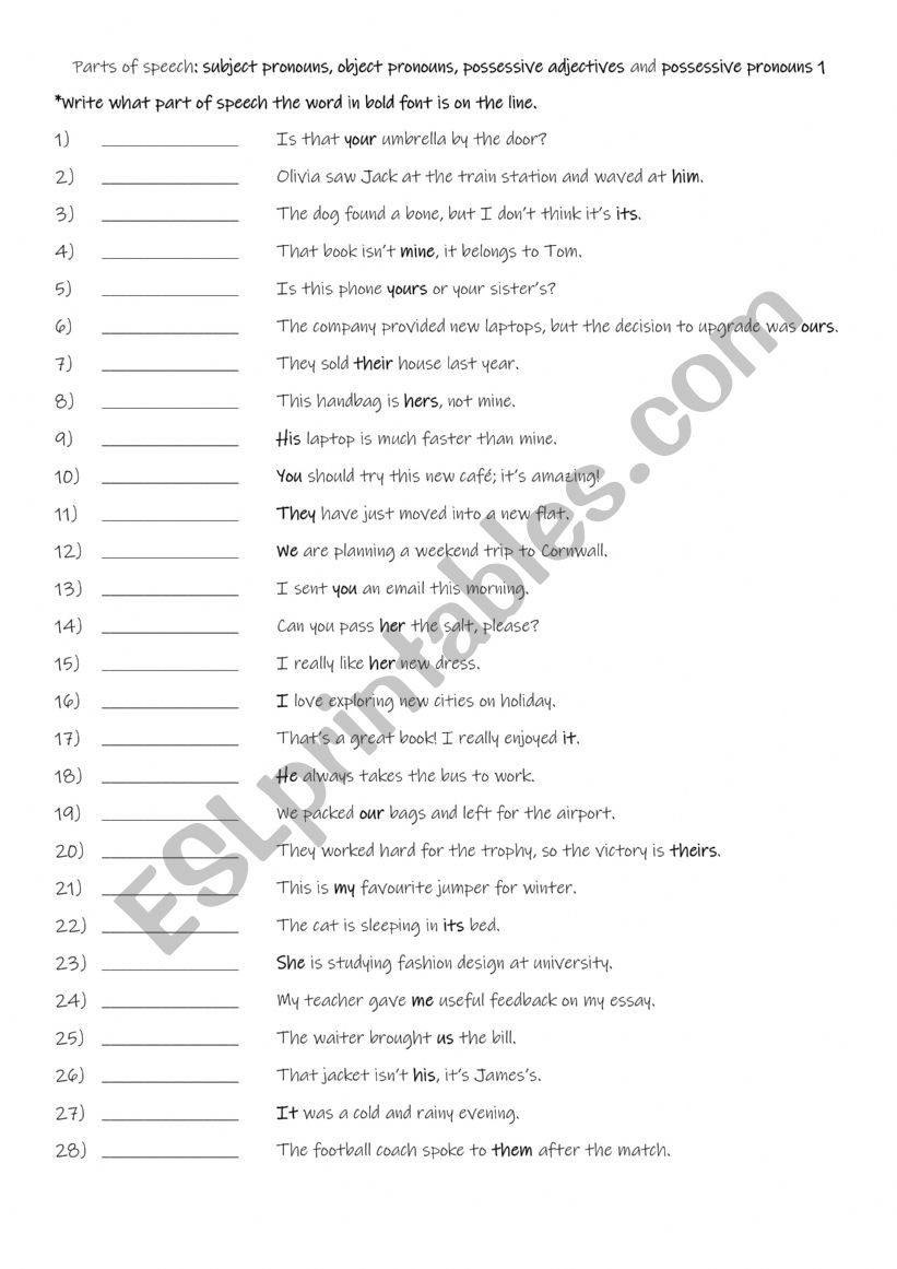 Parts of speech subject pronouns, object pronouns, possessive adjectives and possessive pronouns 1