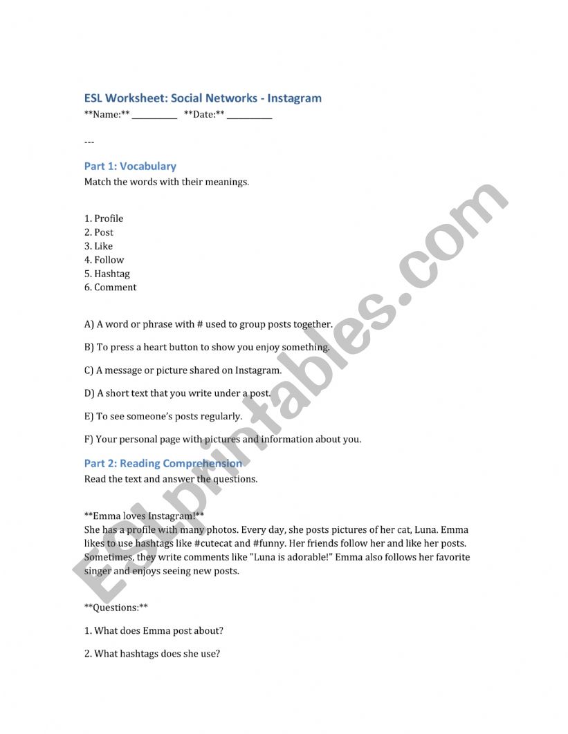 Instagram worksheet