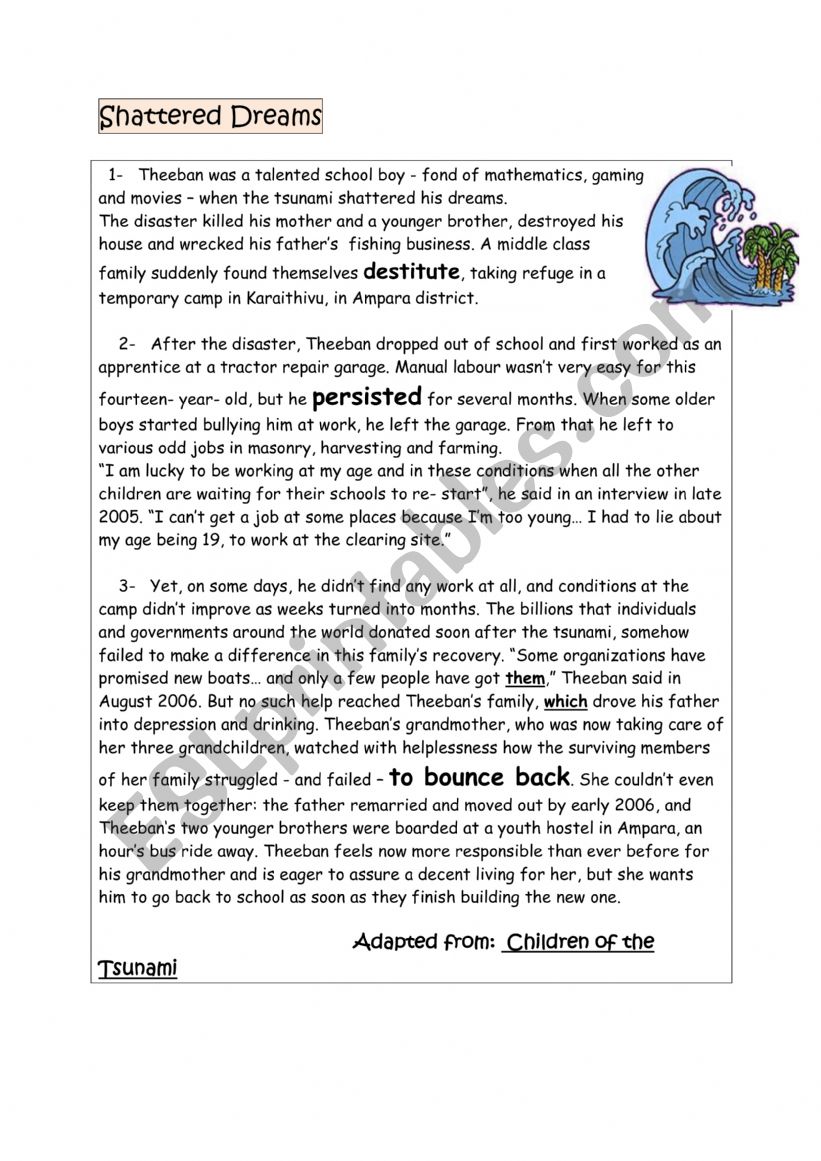 text about ruined dreams worksheet