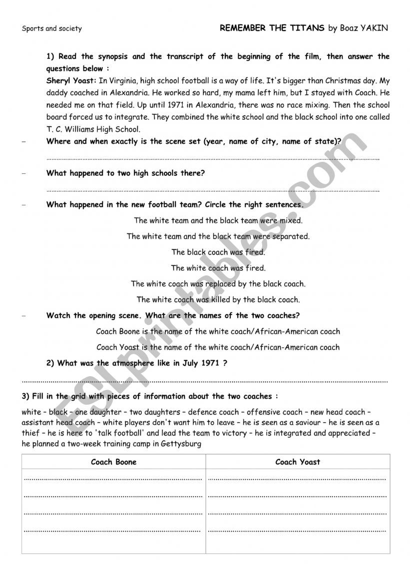 Remember the Titans worksheet