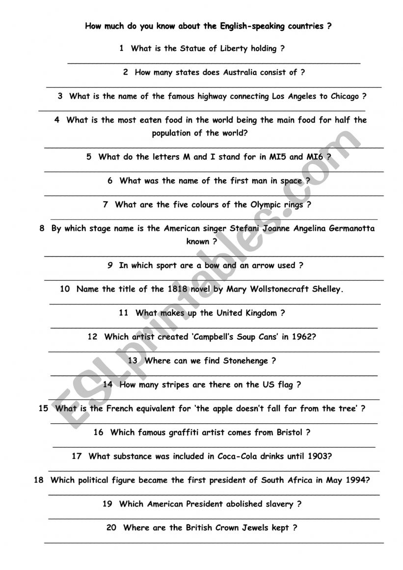 Cultural quiz worksheet