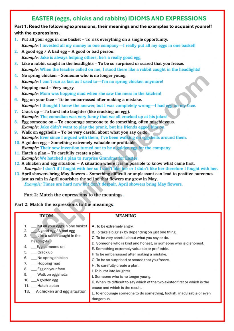 EASTER IDIOMS AND EXPRESSIONS worksheet