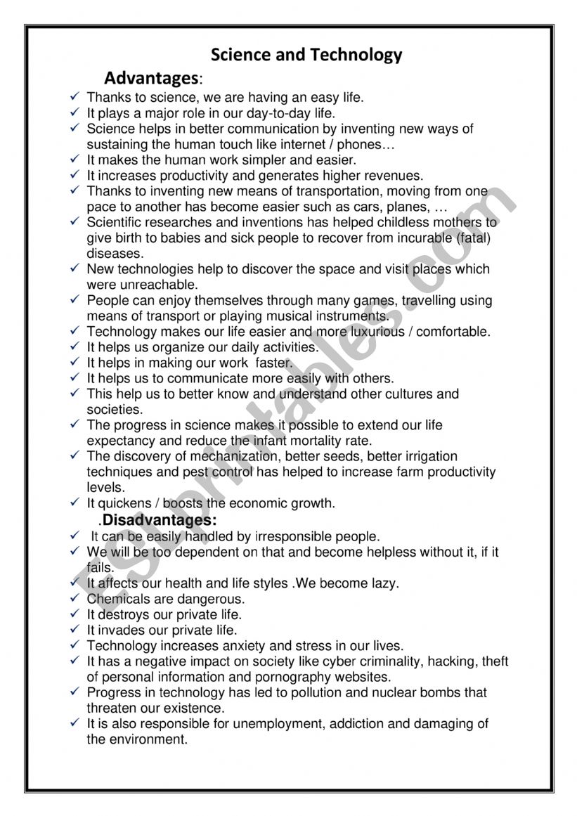 Science and Technology worksheet