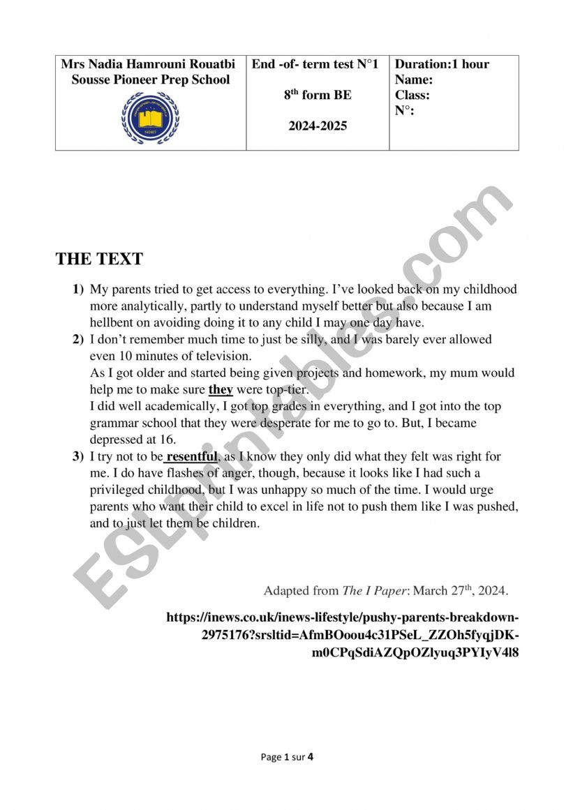 end-of-term test 1, 8th form, pioneer prep school
