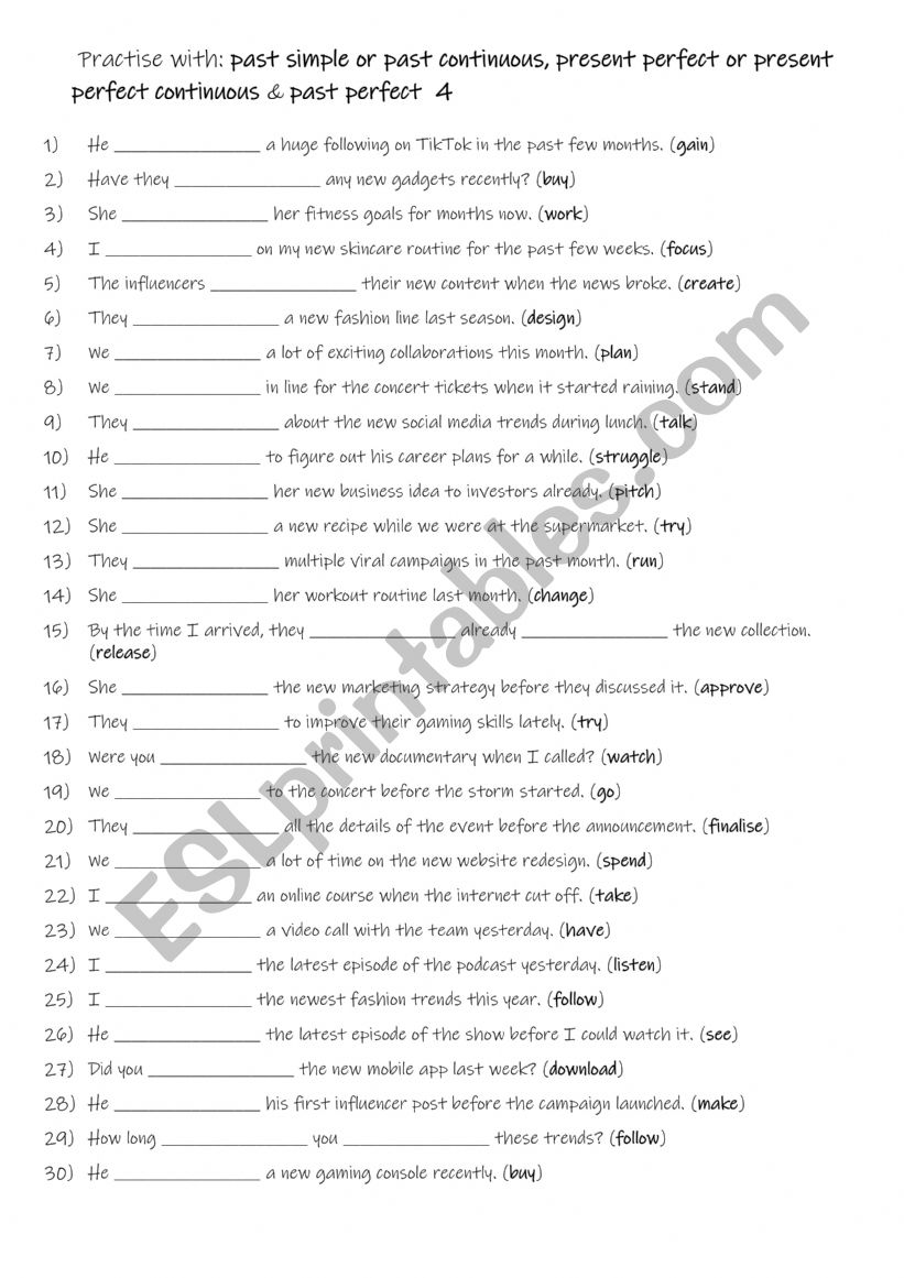 A2+-B1 Practise with past simple or past continuous, present perfect or present perfect continuous & past perfect   4