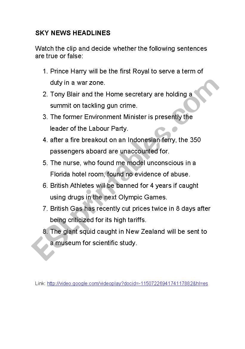 sky news headlines worksheet