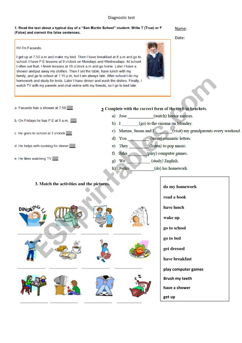 Diagnostic test worksheet