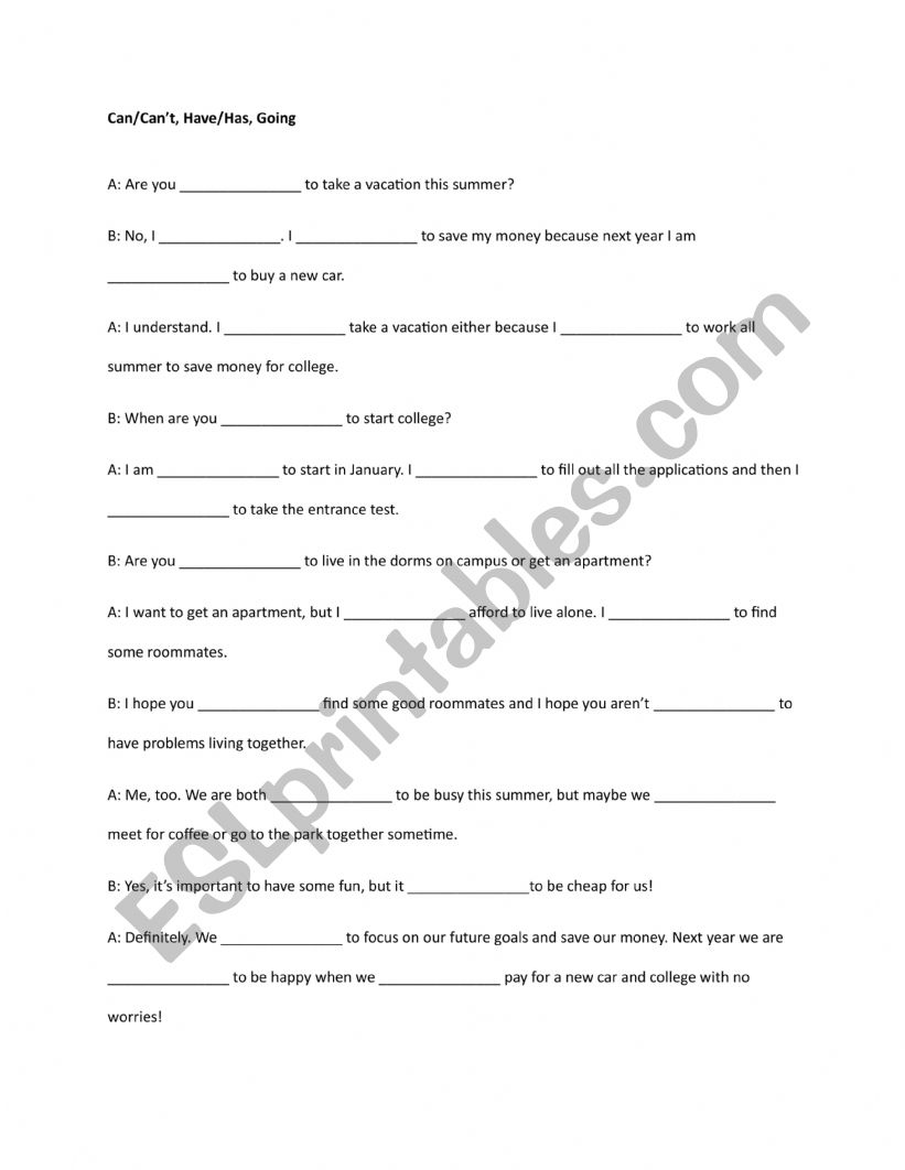 Can, Have to, Going to worksheet