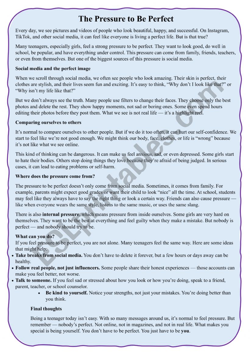 the-pressure-to-be-perfect  worksheet