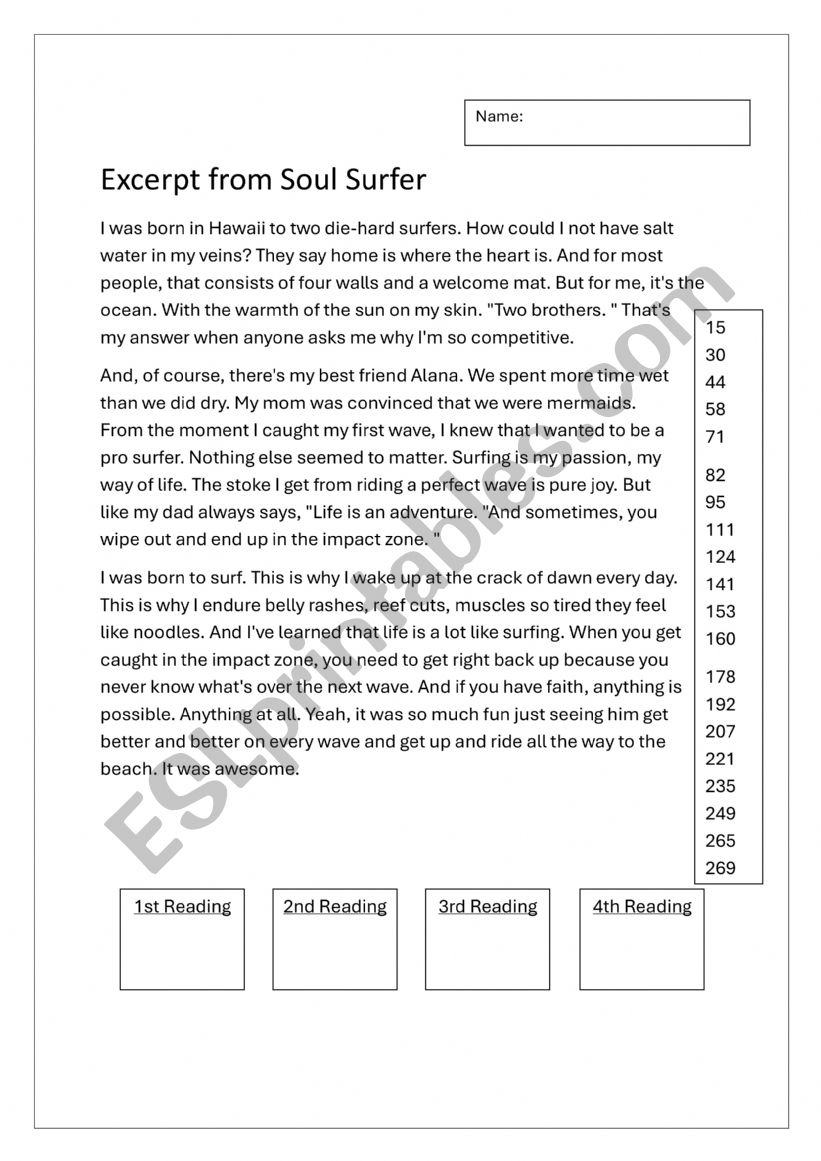 Soul Surfer Reading and Worksheet