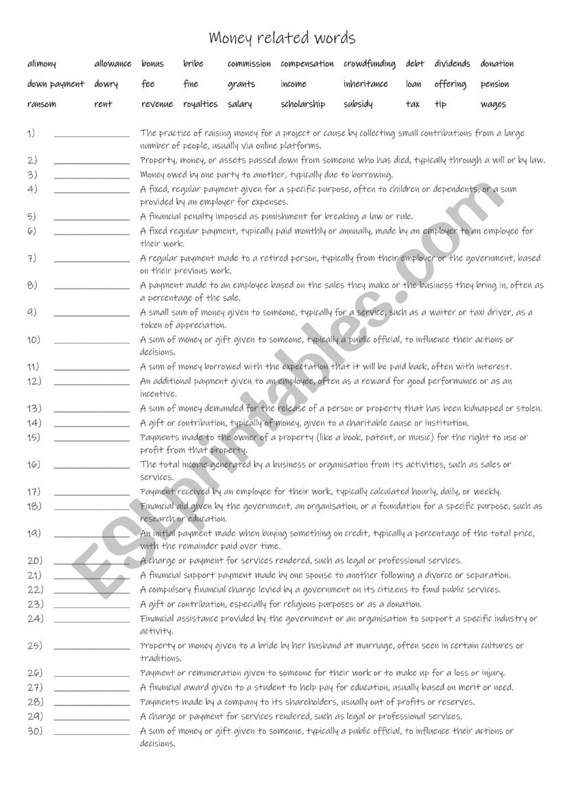 A2+-B1+ 30 money related words