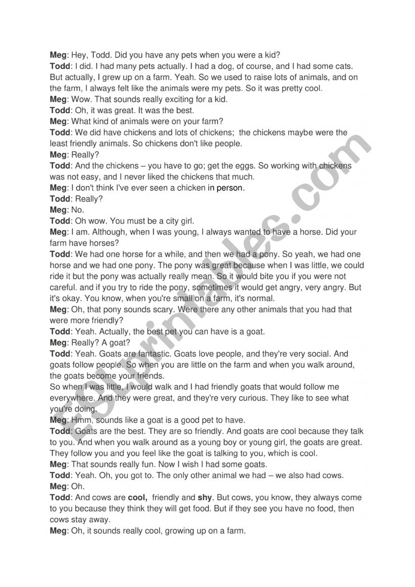 reading text and questions about pets